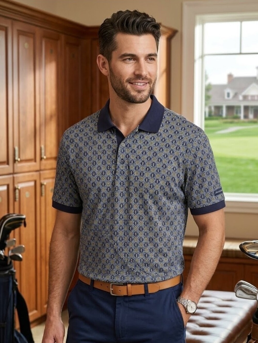 Eddie Bauer Golf Navy and Yellow Patterned Polo Shirt